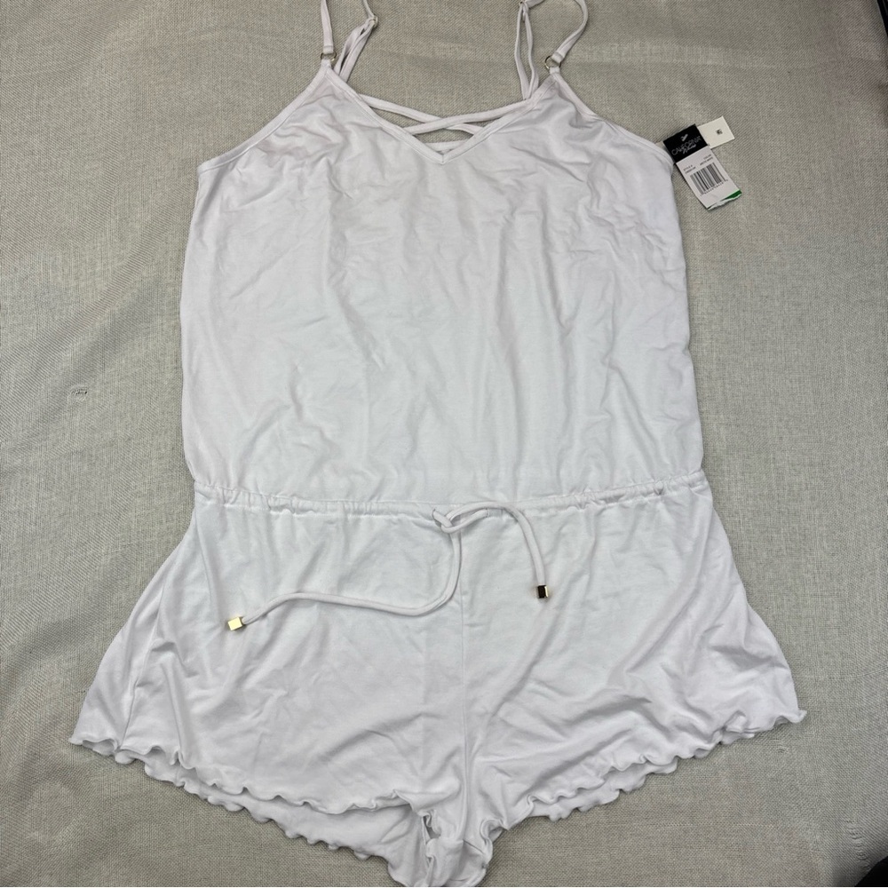 California Waves Women’s Juniors White Tie-Waist Swim Cover-Up Romper L